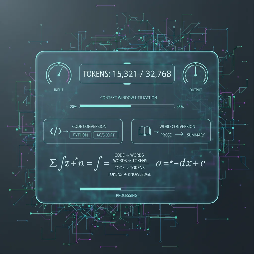 AI chat prompt token count and context window infographic, centered