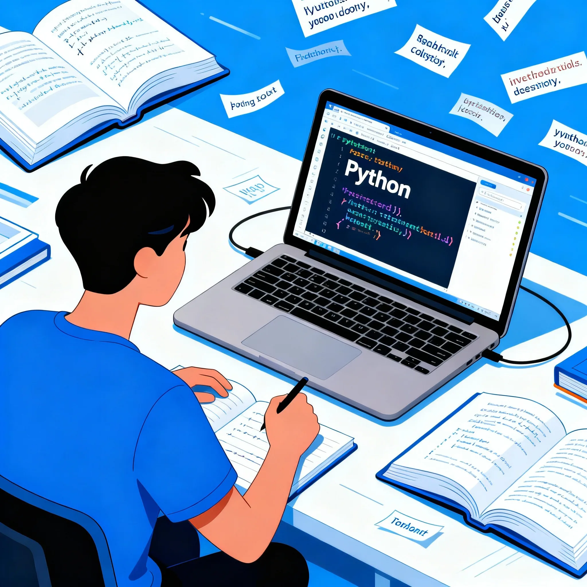 Young adult learning Python on a laptop with books and code, centered