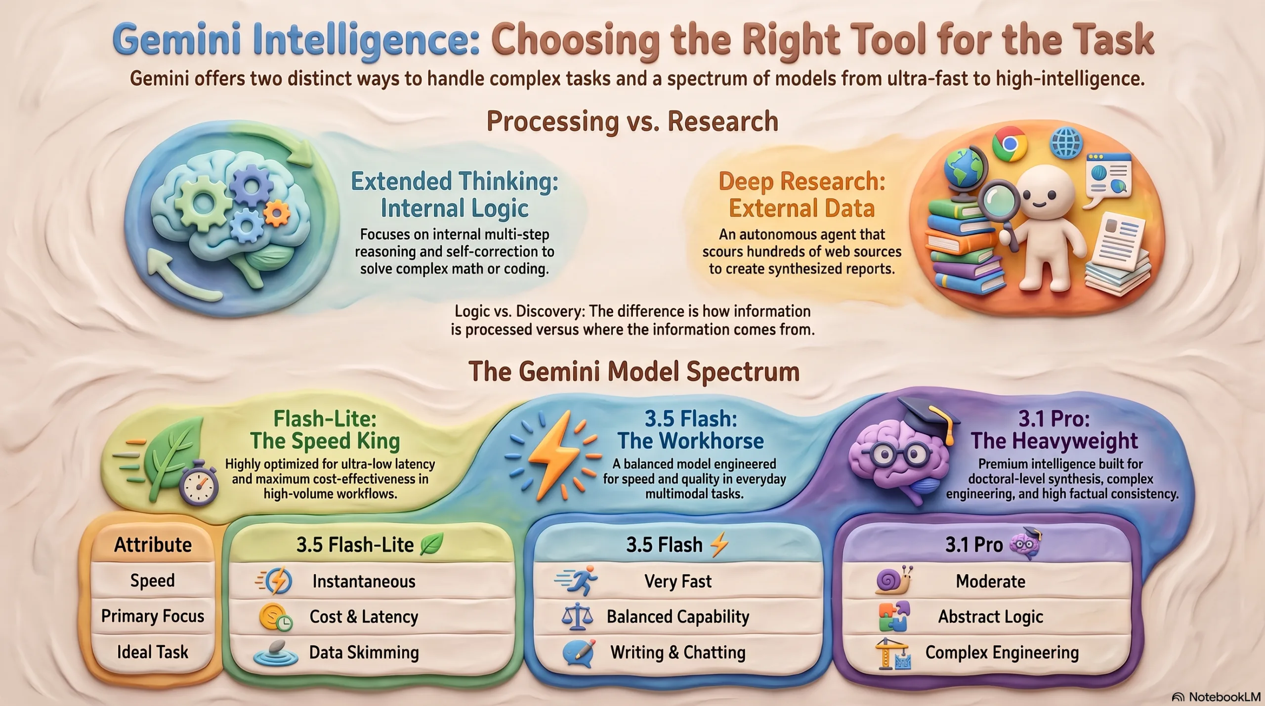 Infographic titled 'Gemini Intelligence: Choosing the Right Tool for the Task' showing internal thinking with gears and brain on the left and external data with a researcher and books on the right.
